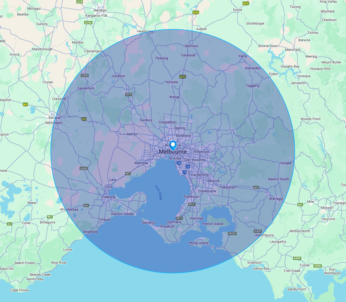 Melbourne 100km radius _ Scribble Maps Abco Security Melbourne Coverage Area