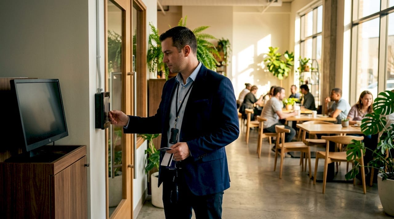 Business lobby with access control panel and security manager