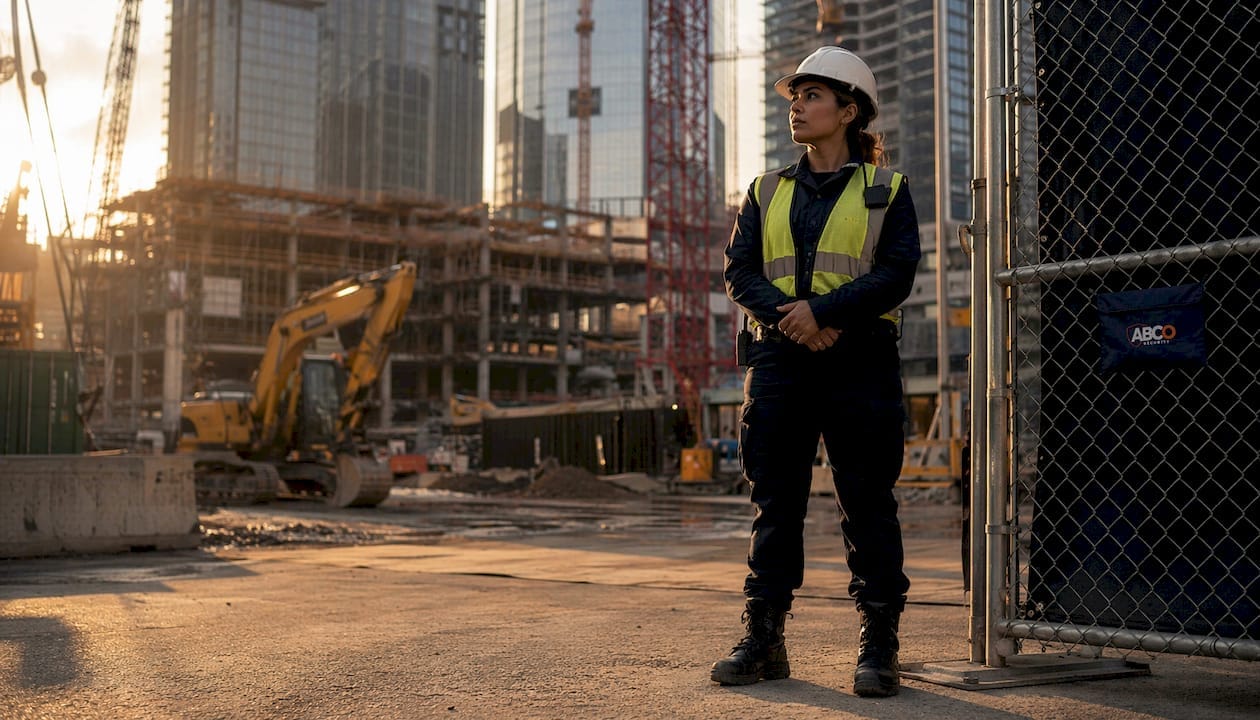 Female security guard at construction site entrance