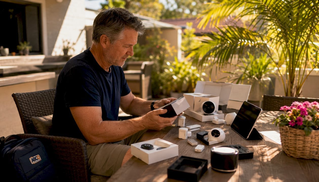 Australian homeowner comparing home security systems
