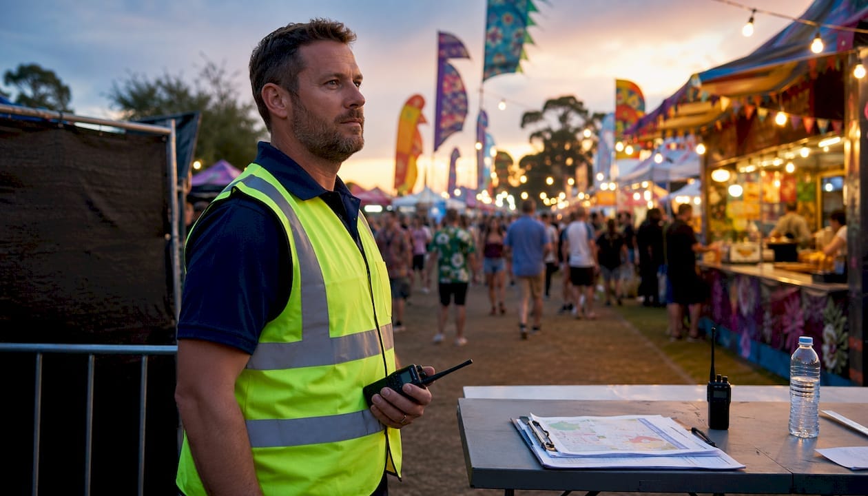 Event security manager overseeing concert entrance