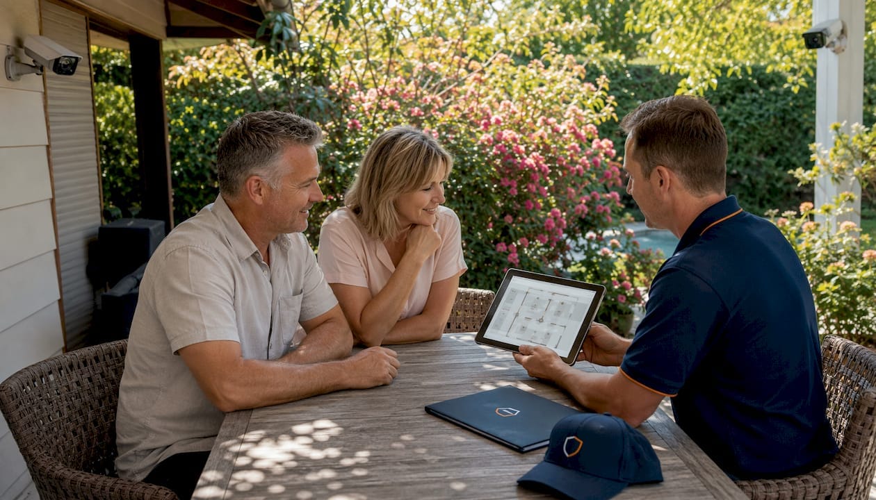 Homeowners consulting with security expert