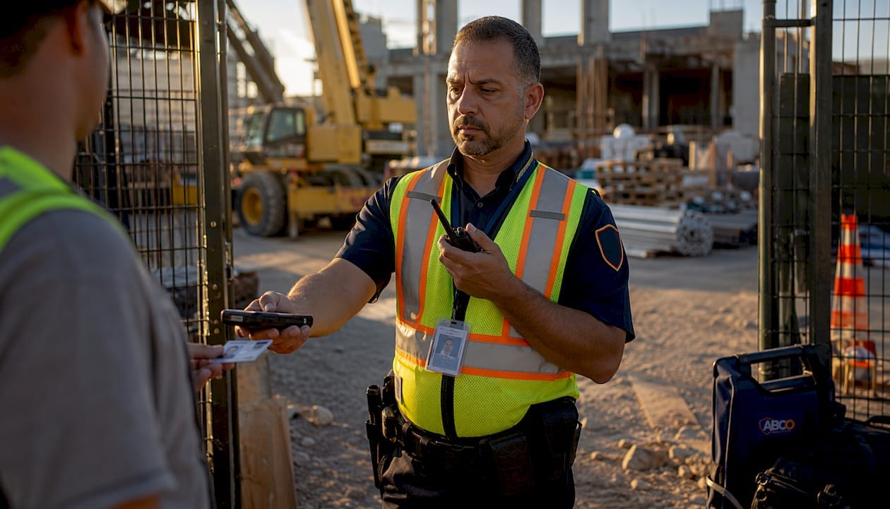 Security guard monitoring construction site entrance