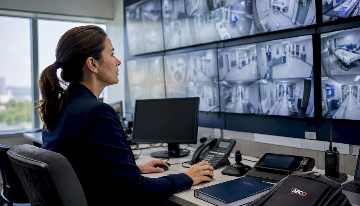 Security manager monitoring hospital video feeds