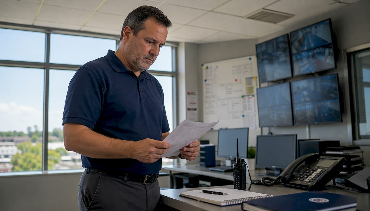 Hospital security manager reviewing risk document
