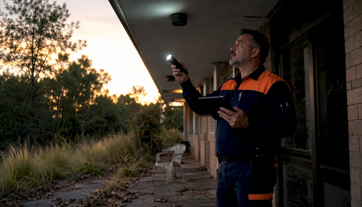 1785418091606_Facility-manager-inspecting-perimeter-lighting-outdoors Facility manager inspecting perimeter lighting outdoors