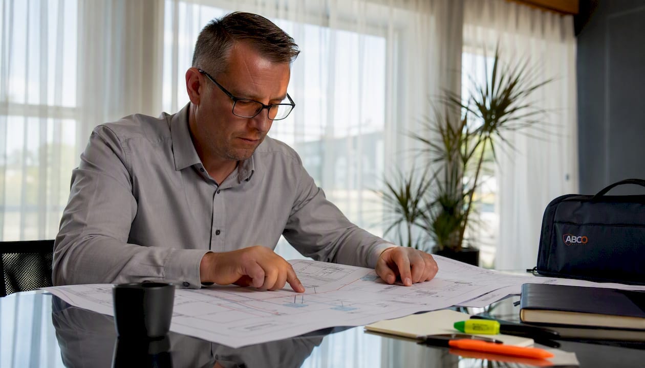 Facility manager reviewing mass notification system plans