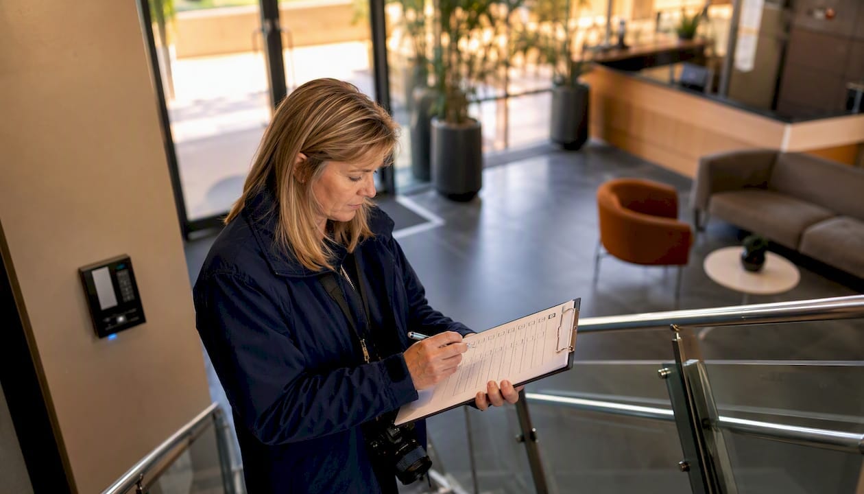 Security risk assessment checklist for Australian facilities 8 Security assessor inspecting facility lobby