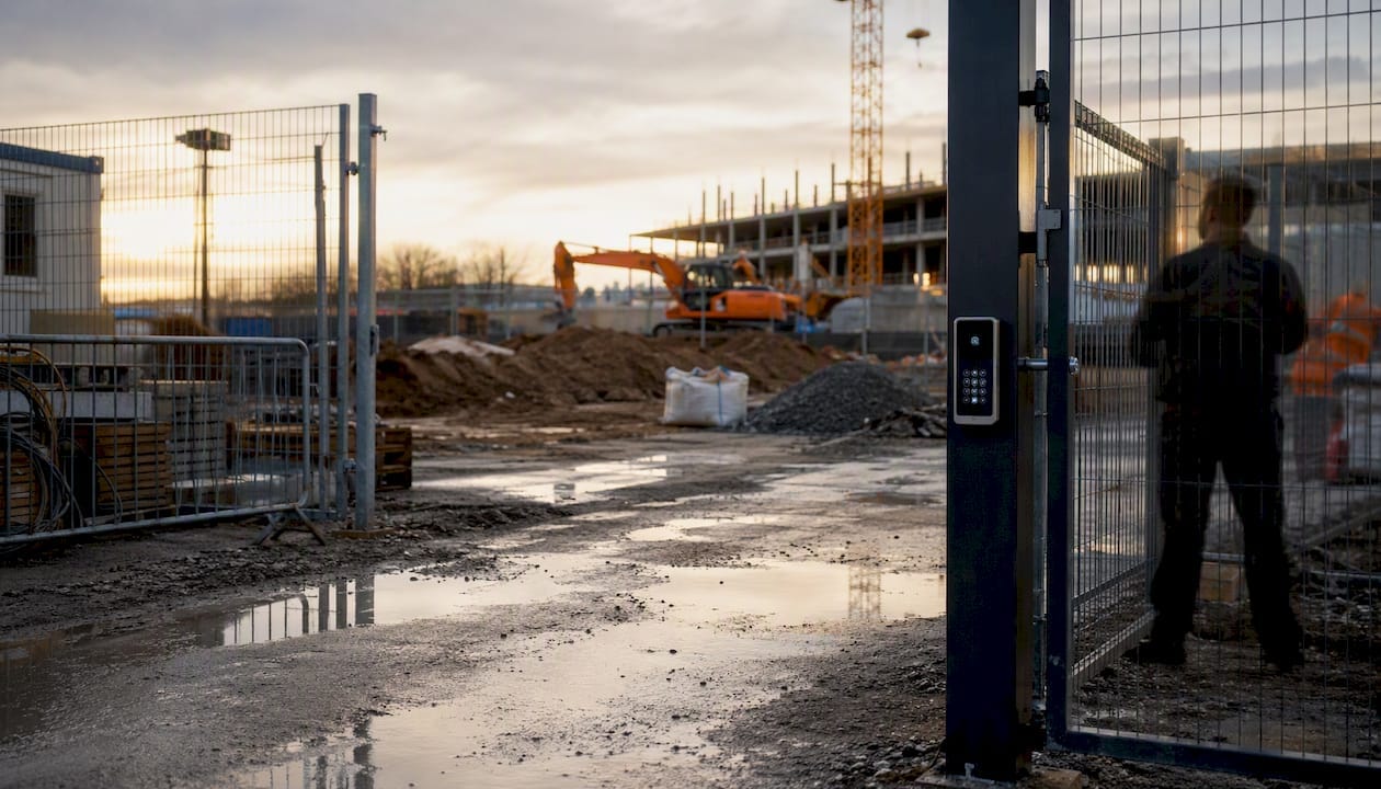 Construction site perimeter fence and access gate