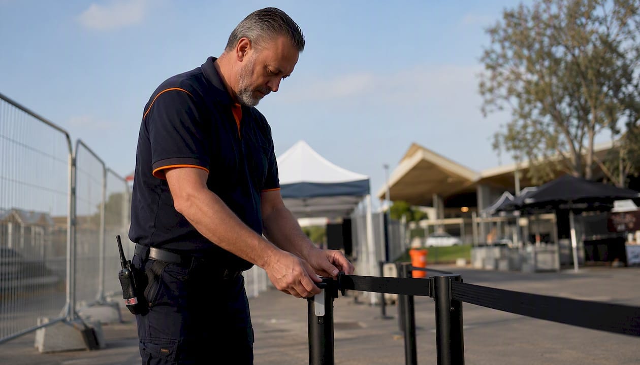 Security guard managing event entrance barrier