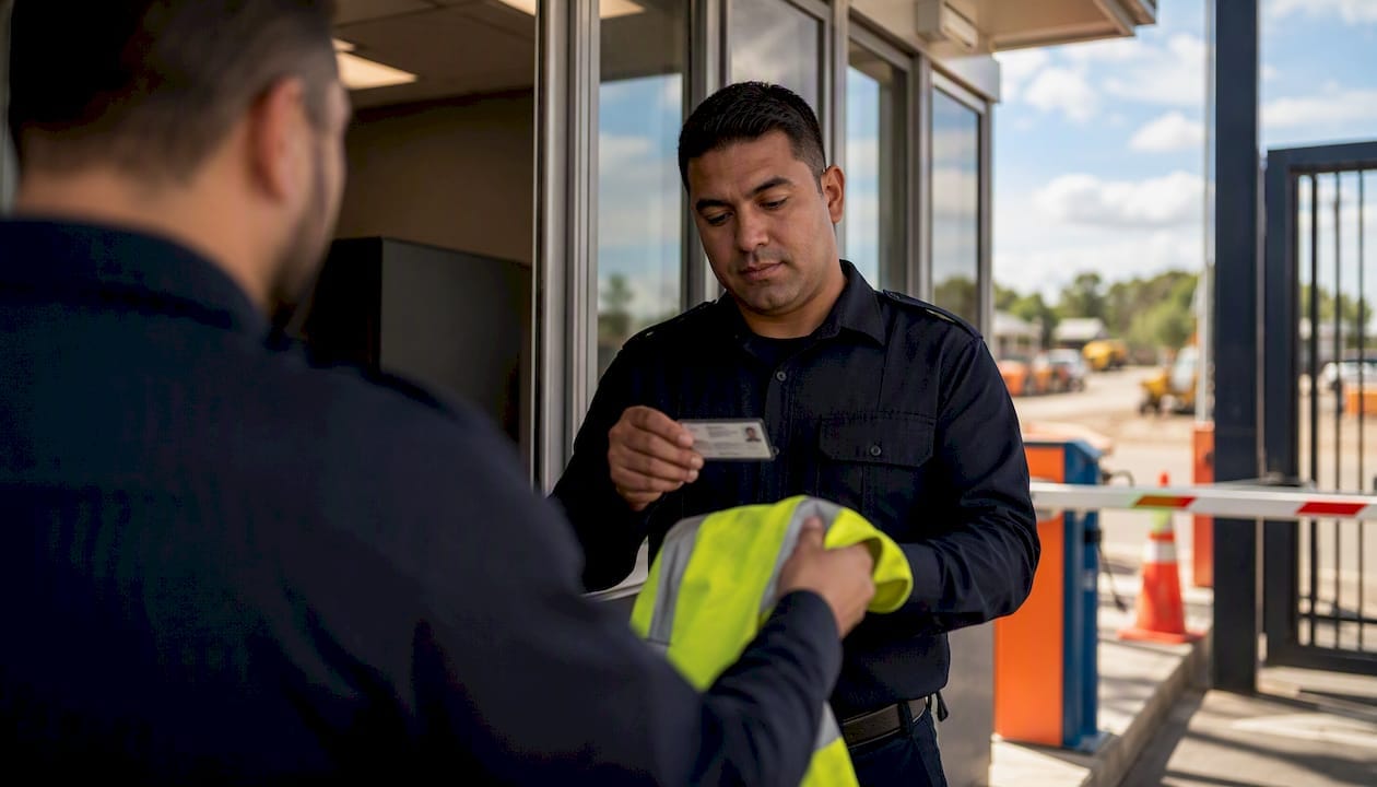Gatehouse officer verifying ID at site entrance