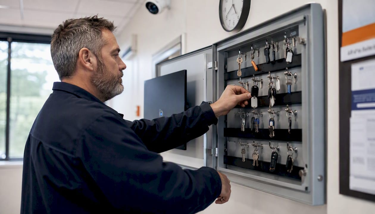 Facility manager placing key in cabinet