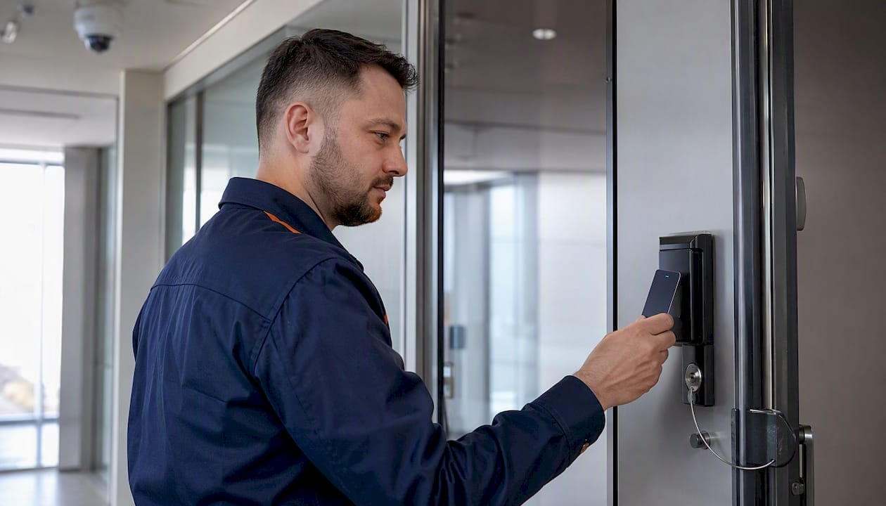 Manager testing electronic access control reader