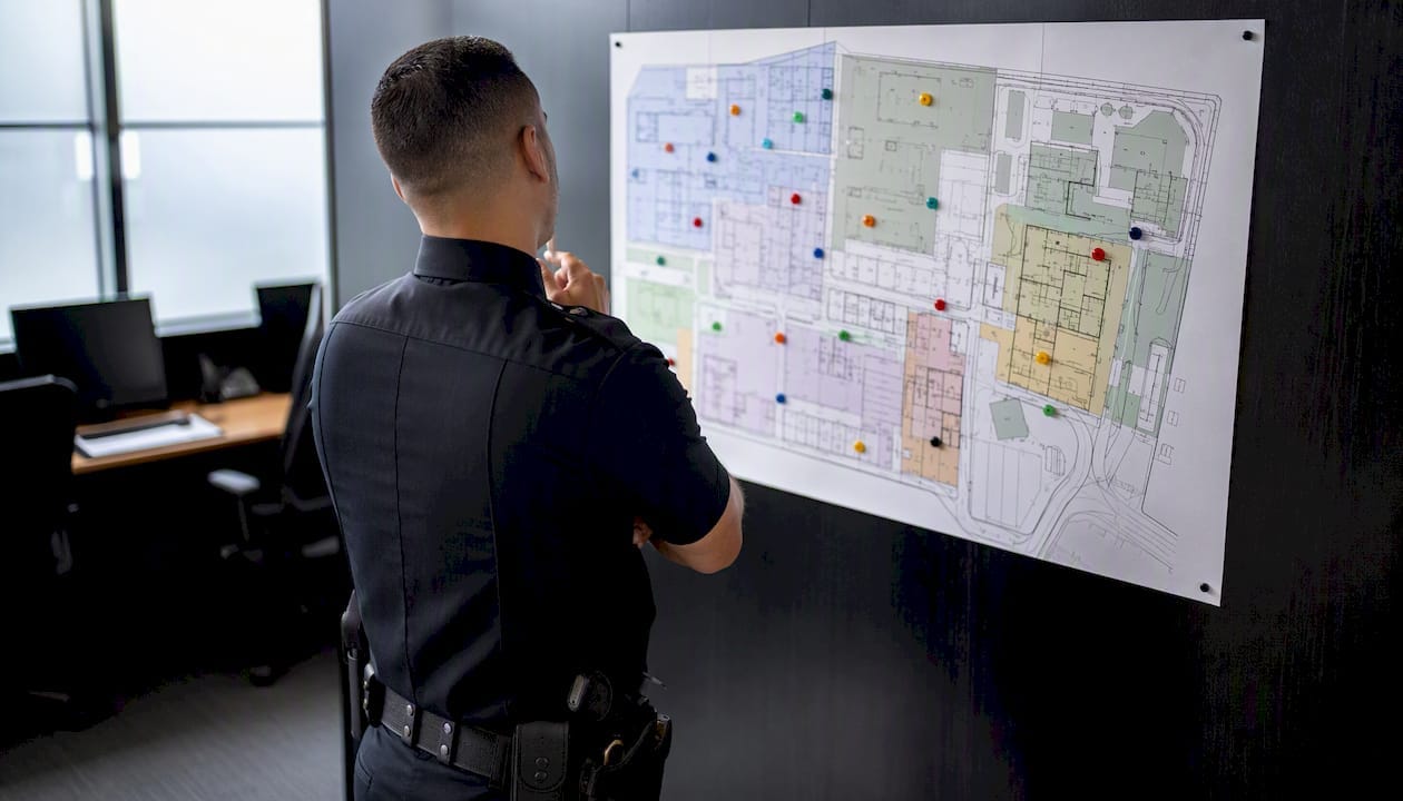 Security officer reviewing site map