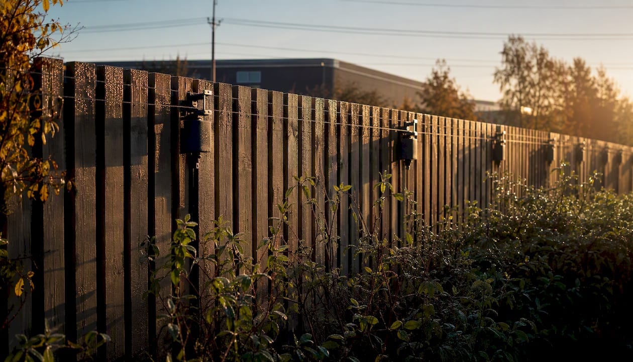 Fence with mounted intrusion detection sensors at dusk