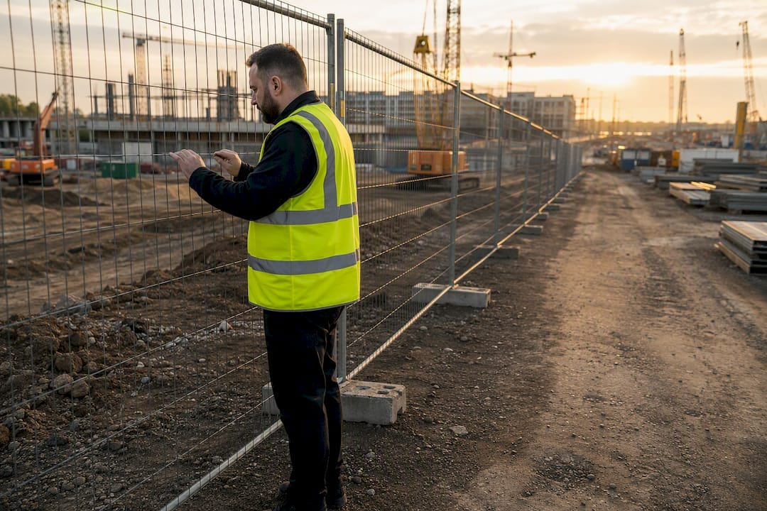 Security professional inspecting site perimeter fence