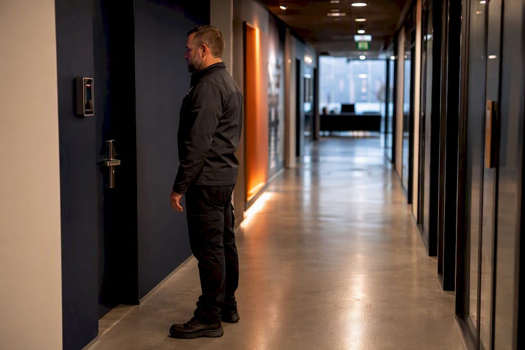Technician installing access control on office door