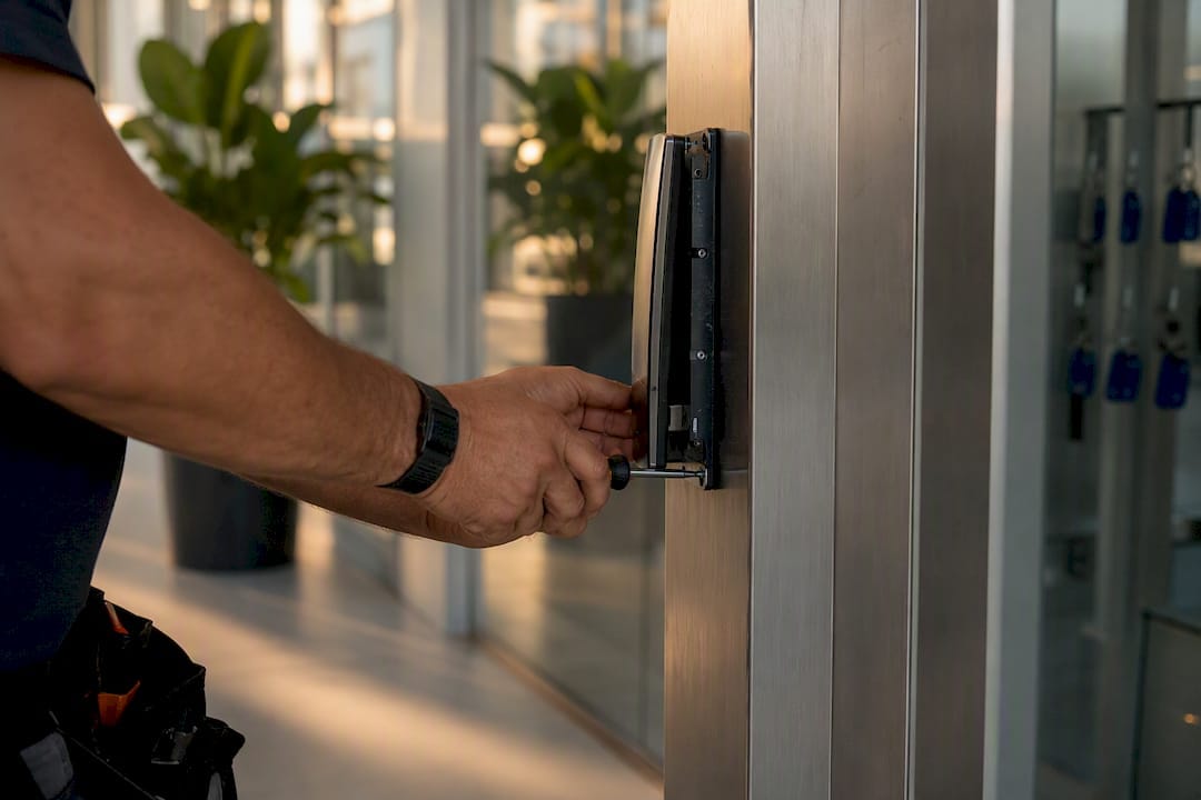 Technician installing mobile access reader
