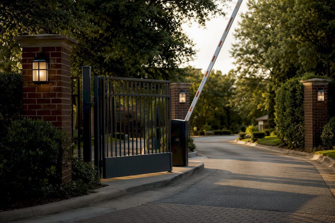 Gated community entrance security gate with keypad