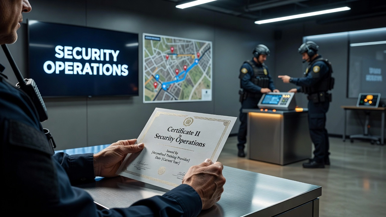 Professional header image for educational tutorial: Certificate II in Security Operations: What It Covers and...