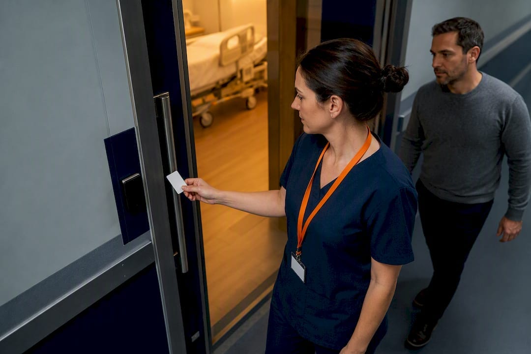 Visitor following staff through restricted ward door