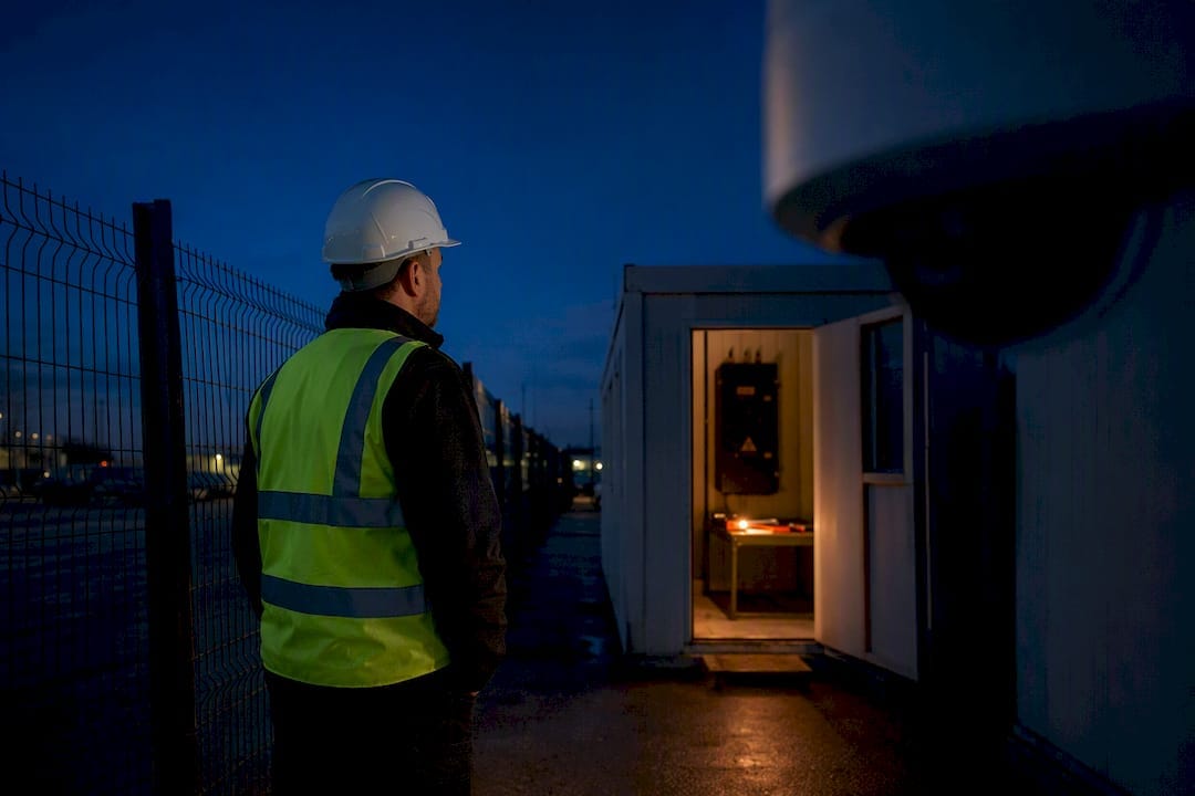 Site manager inspecting construction surveillance setup