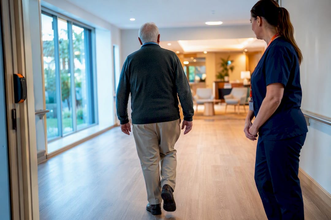 Care worker supporting resident in aged-care corridor