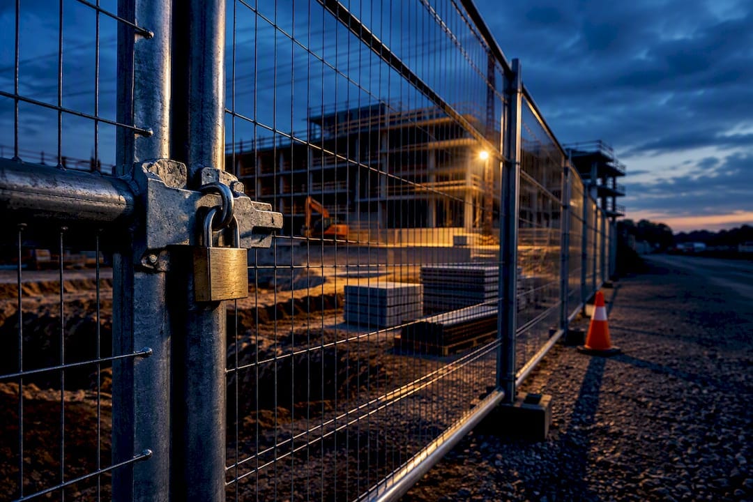 Site managers: 5 quick fixes to prevent construction site theft 8 Locked construction site gate at dusk