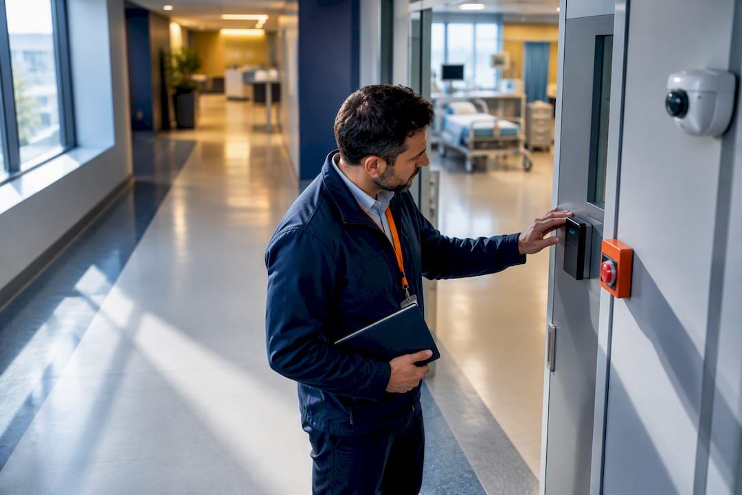 Manager inspecting hospital access control