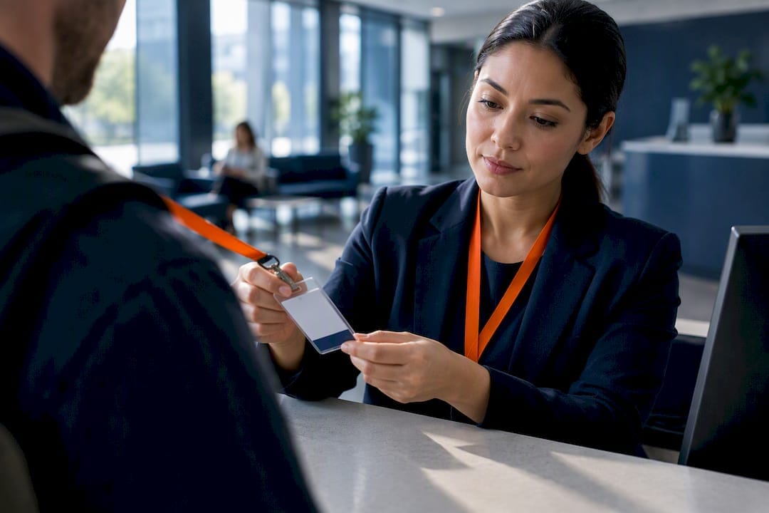 Healthcare reception officer checking visitor access pass
