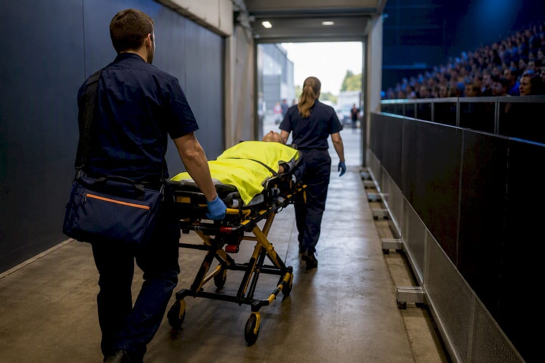 Crowd Control Strategies for Australian Event Organisers and Checklists 9 Responders moving stretcher through event extraction corridor