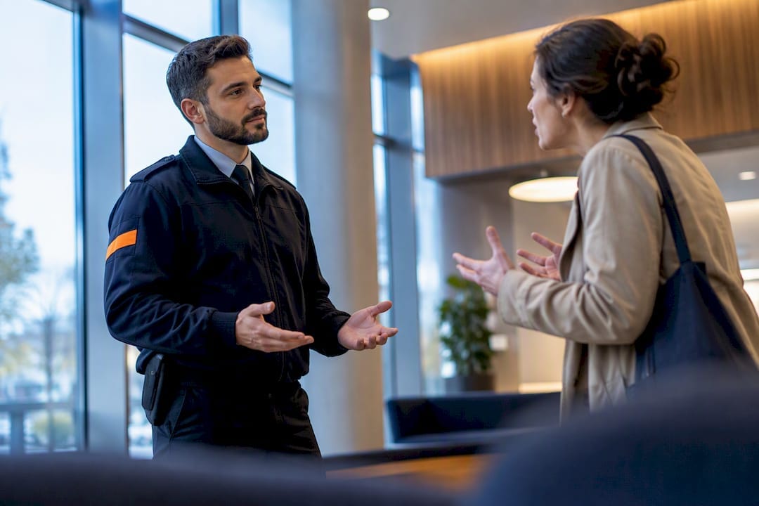Security officer calmly listening during de-escalation