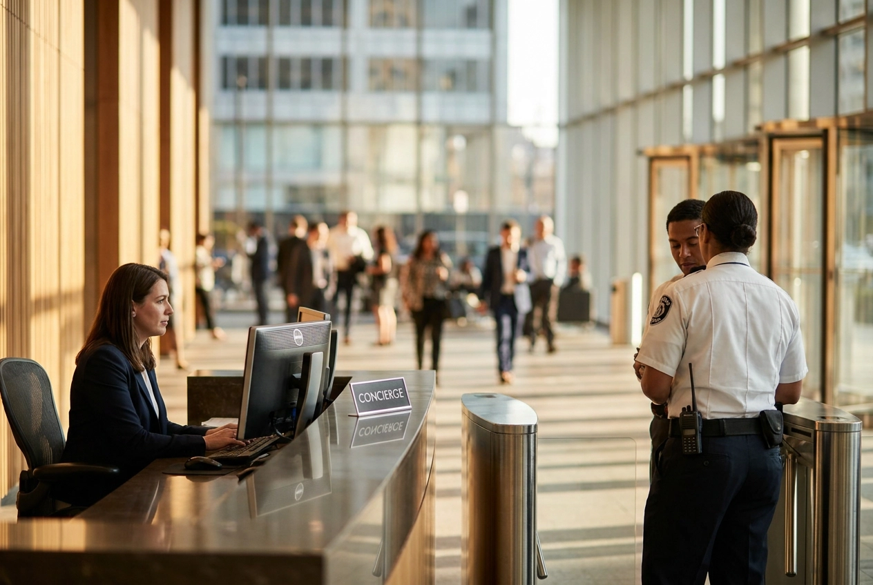 Professional header image for comparison analysis: Concierge Security vs. Reception Security: The Right Fron...