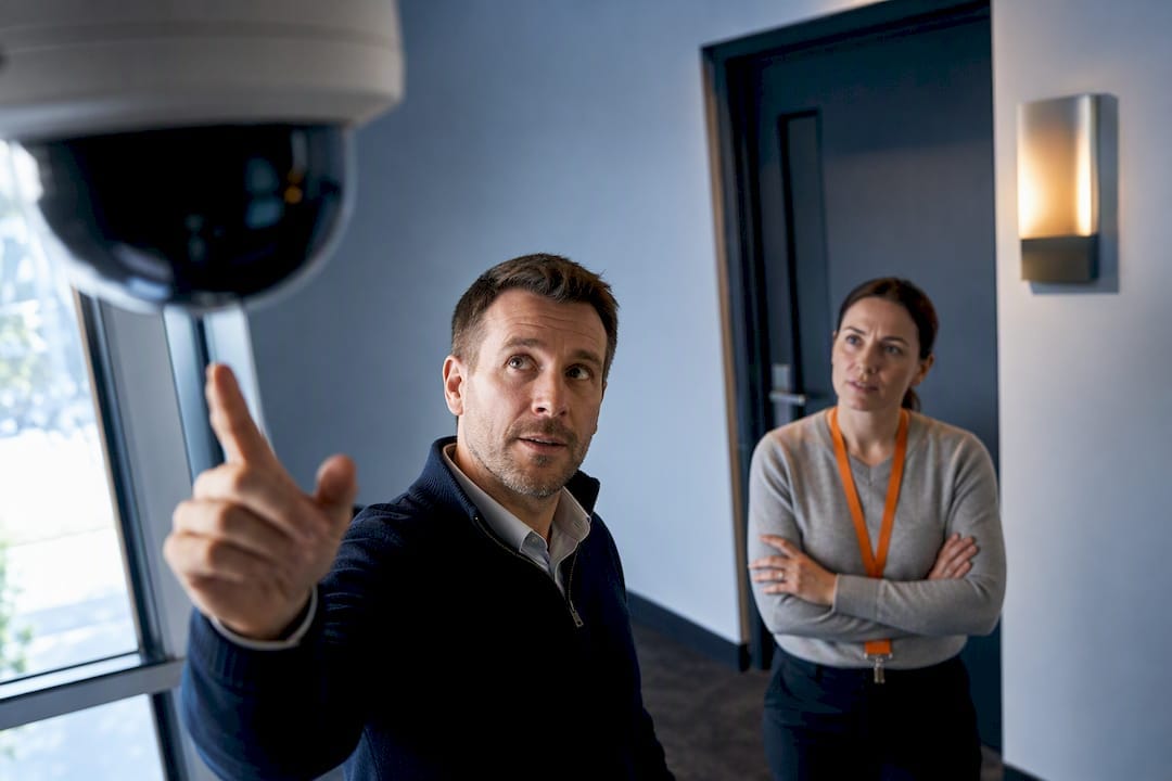 Workplace discussion beneath a security camera