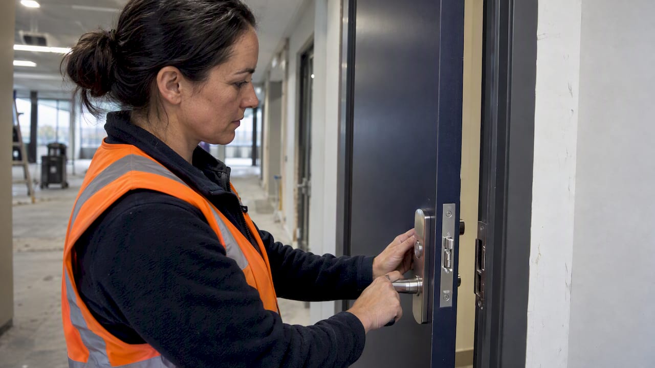 Protect Fire Ratings: Door Hardware for Access Control in Australia 8 Technician tests a fire-rated door latch
