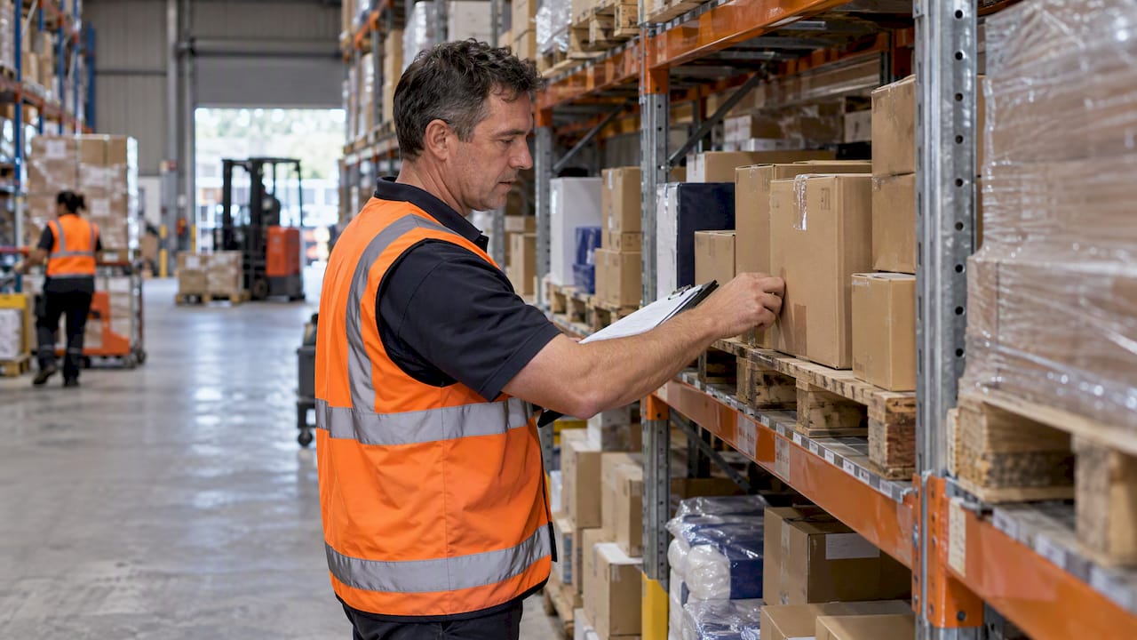 Manager counting cartons in a warehouse