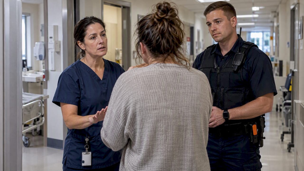 Clinician and security officer de-escalating in hospital corridor