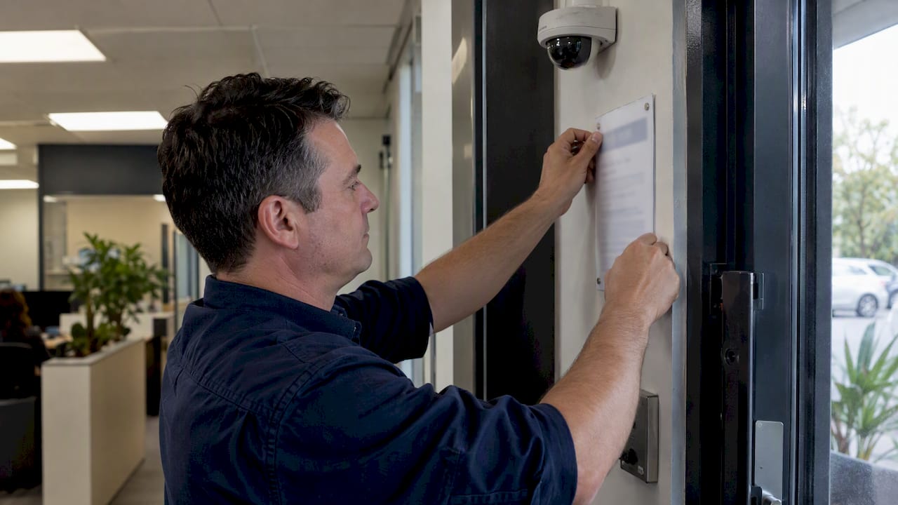 Manager posting notice beside workplace camera