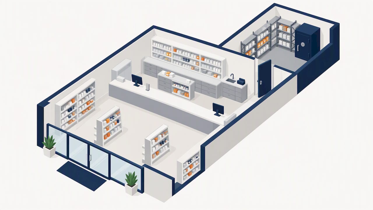 Australian Pharmacy Security Guidelines: 9mm Safes, Auditable Controls 8 Pharmacy plan showing controlled access and sightlines