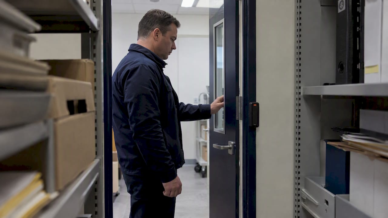 Security adviser checks a controlled records-room door