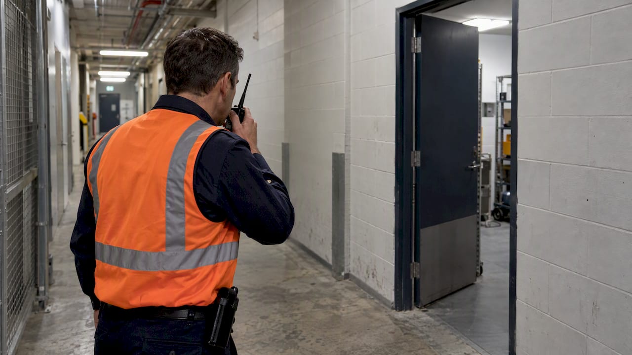 Security officer radios during facility response