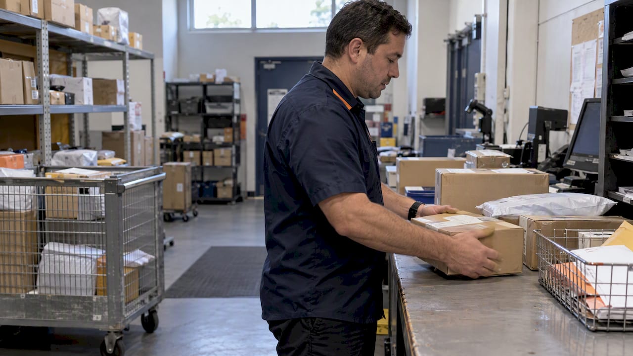 Employee sorting a parcel in a workplace mailroom