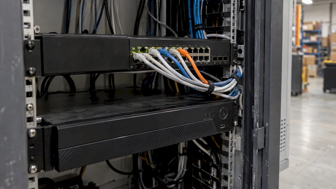 CCTV switch and recorder in warehouse cabinet