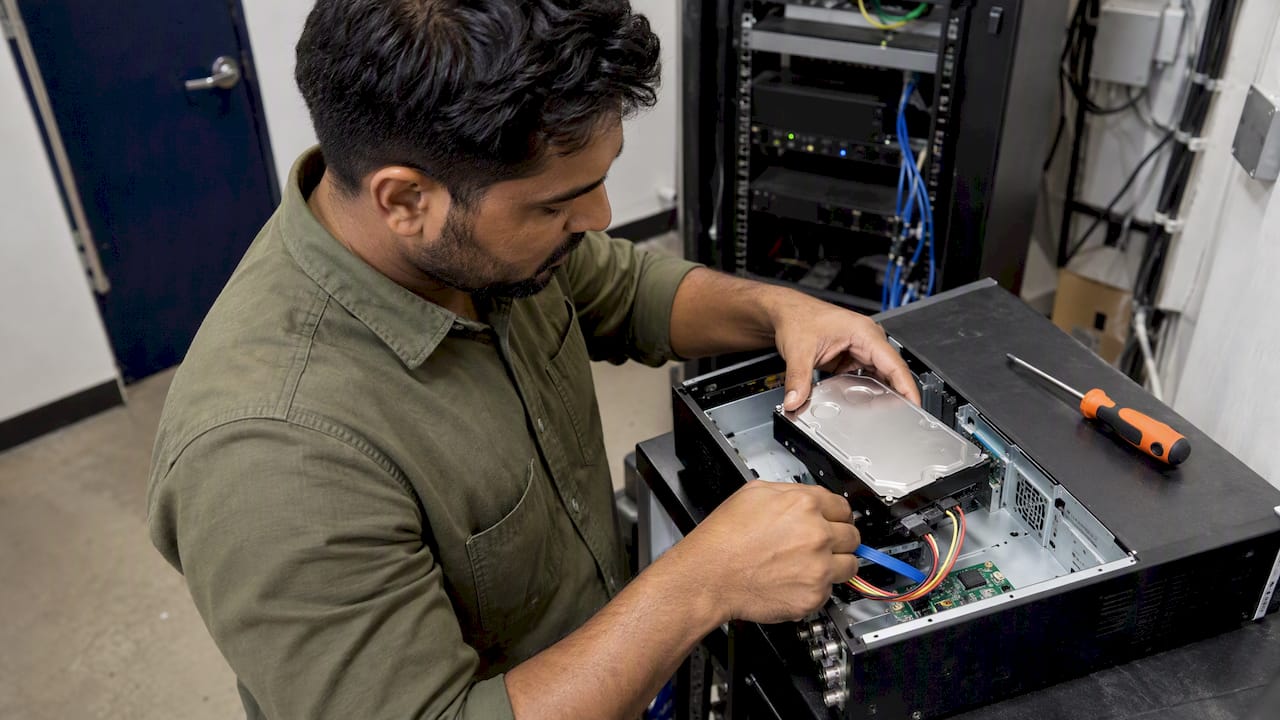 Technician fitting a drive into a CCTV recorder