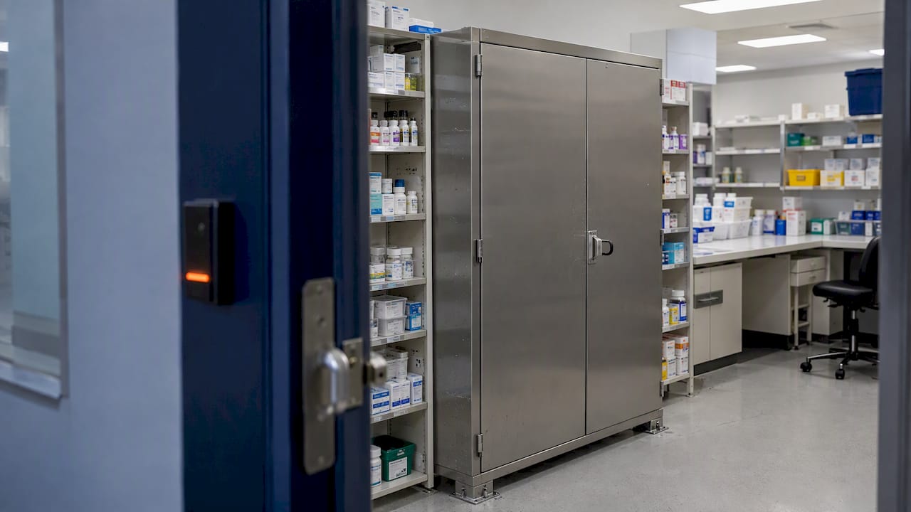 Locked medicines cabinet inside hospital pharmacy